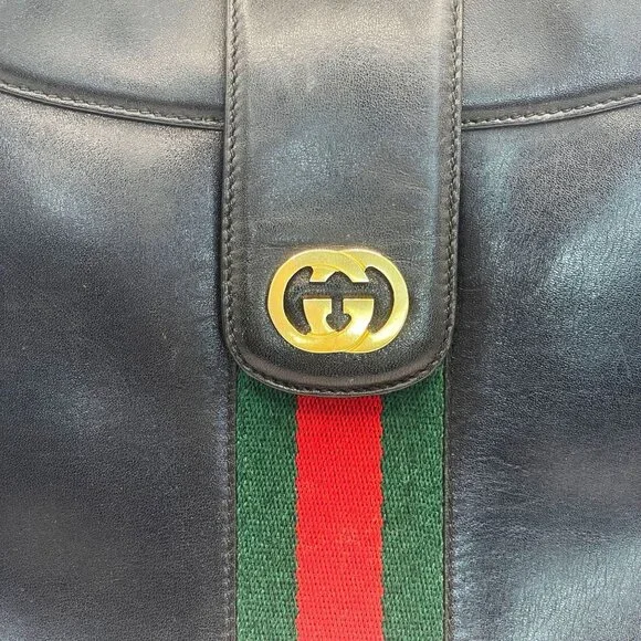Authentic GUCCI Ophidia Logo Leather Vintage Shoulder Bag Purse Black - Picture 4 of 12